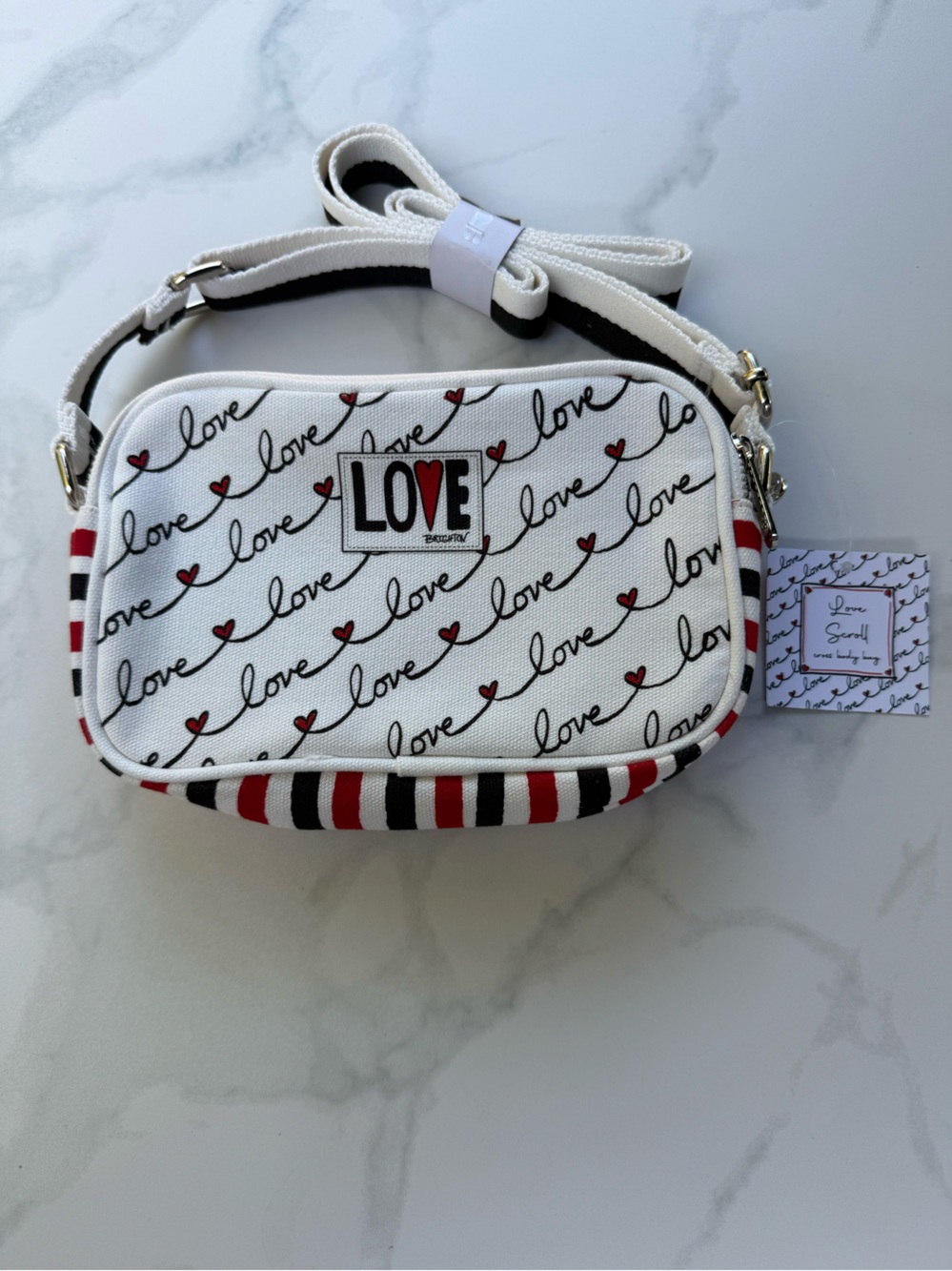Brighton Love Scroll Canvas Crossbody Bag Heart Stripe Red White Black, NWT